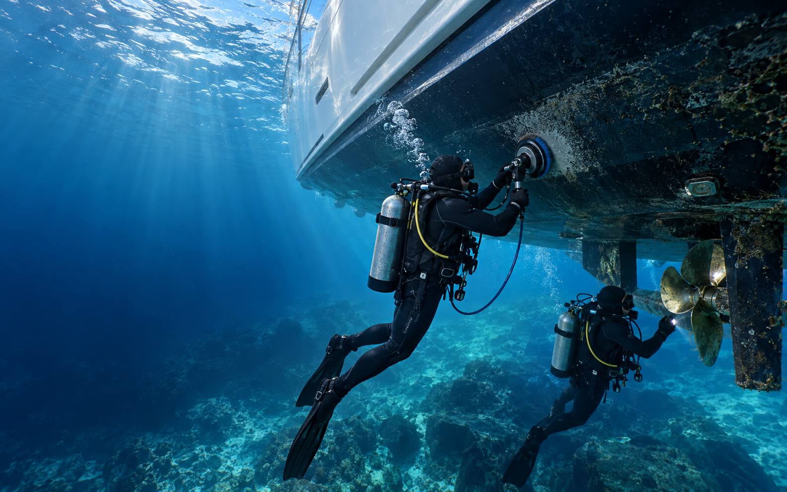 Two commercial divers cleaning and inspecting a boat below the waterline